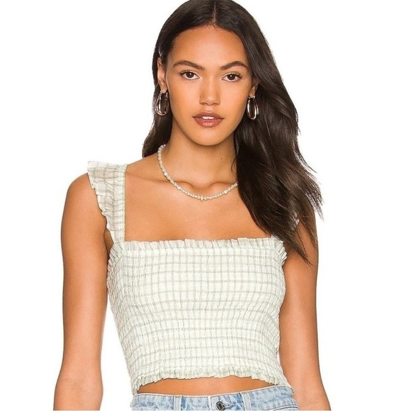 MINKPINK Oxley Top in Mint Green White Crop Frill Shirred Sz L - Picture 1 of 10